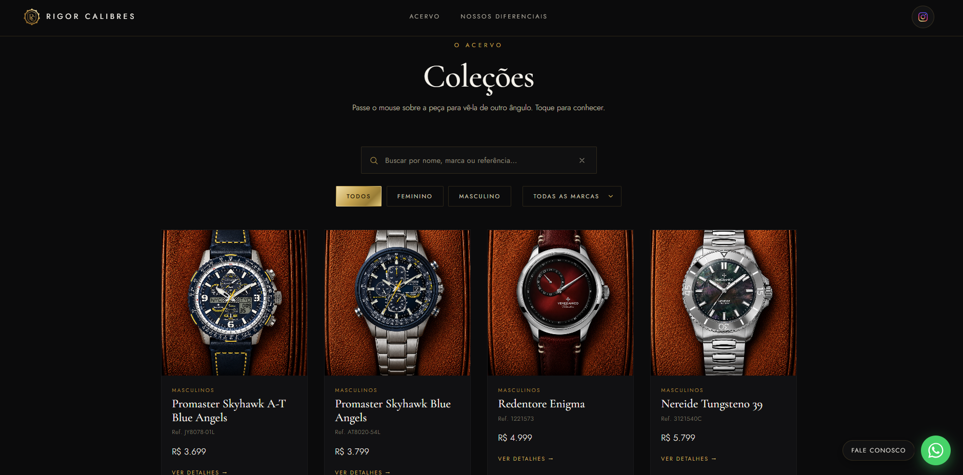 Página de coleções do site da Rigor Calibres com busca e filtros